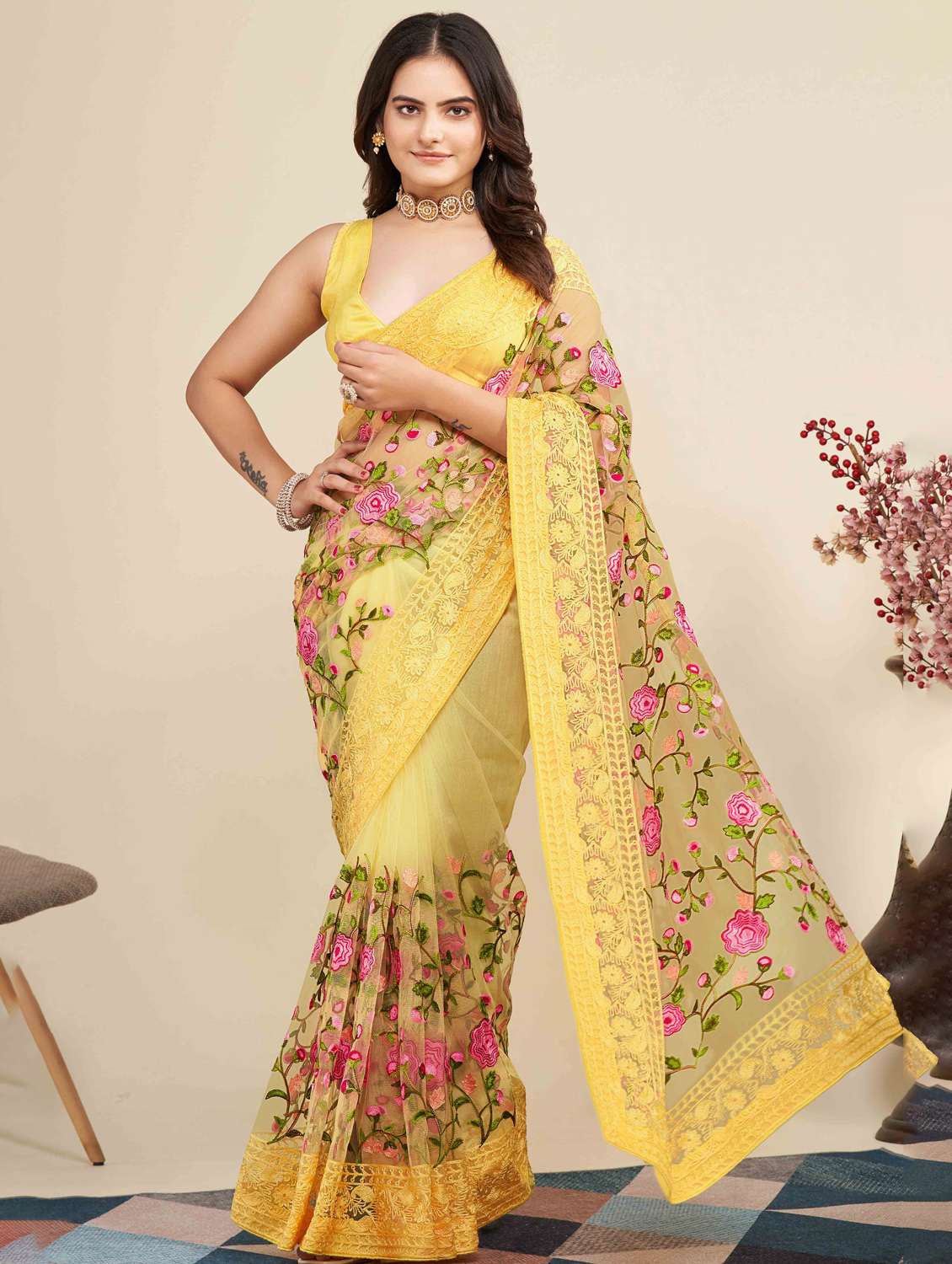 women floral embroidered saree with blouse