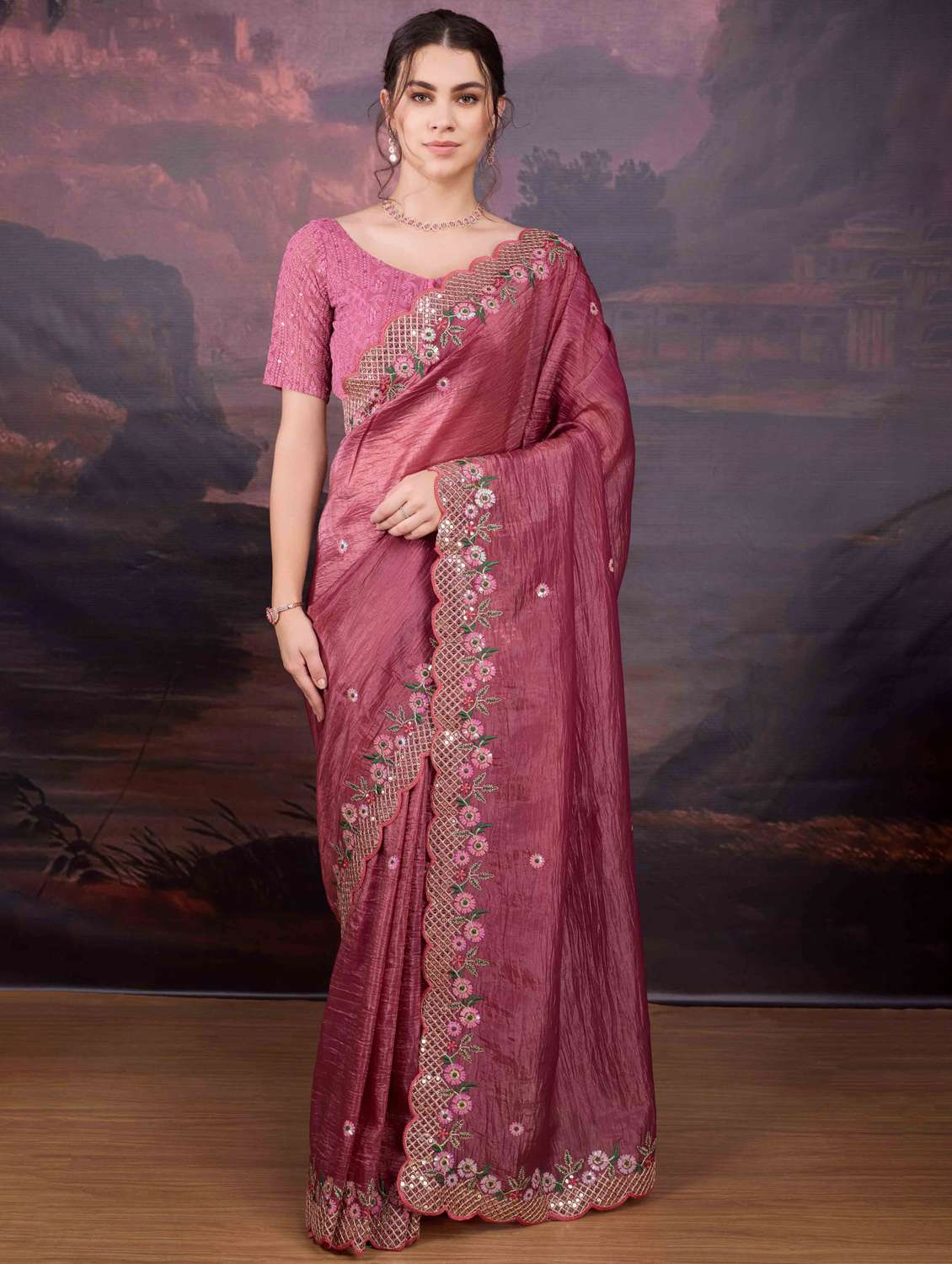 women solid with work embroidered saree with blouse