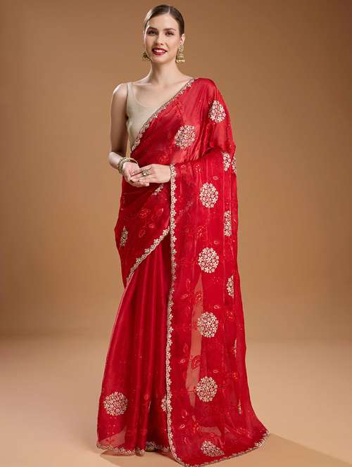 women solid with work embroidered saree with blouse - 22021380 -  Standard Image - 0