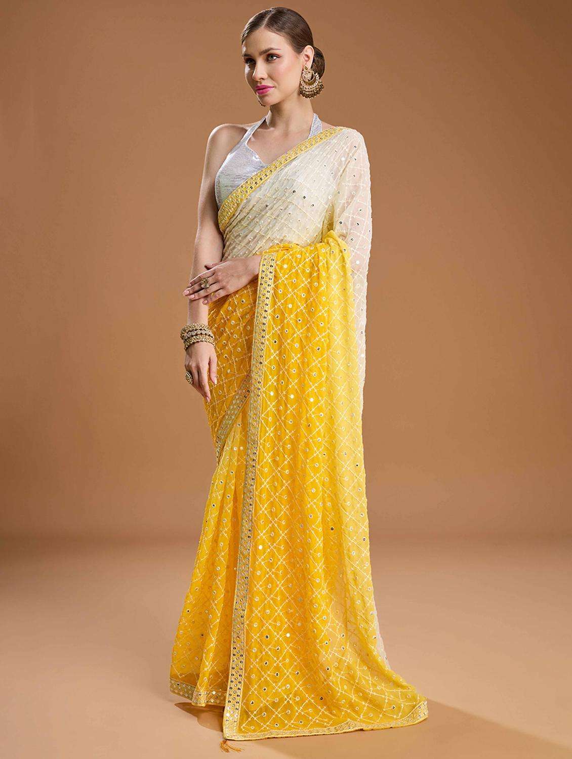 women yellow embroidered saree with blouse - 22021386 -  Standard Image - 2