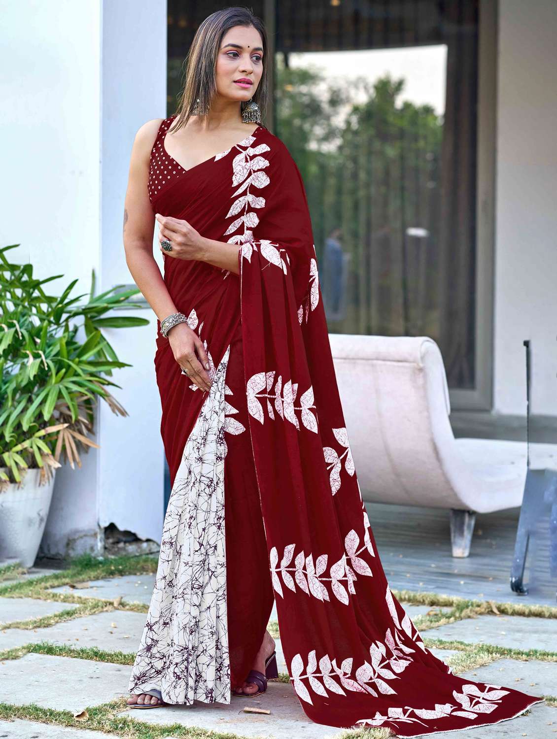 women printed half & half saree with blouse
