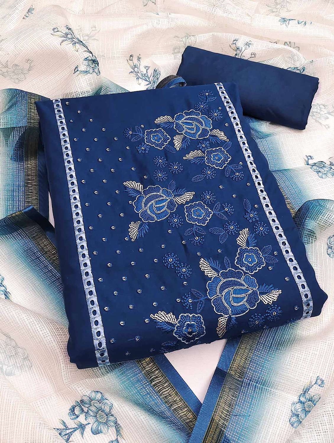 women solid with work embroidered unstitched suit set