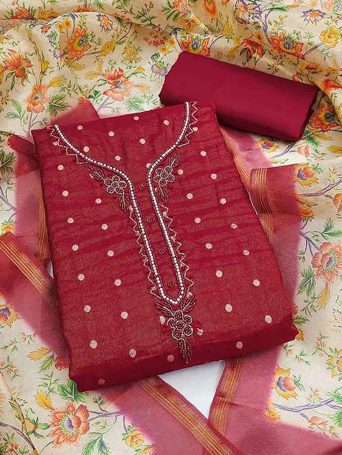 women solid with work embroidered unstitched suit set - 22021564 - Standard Image - 0