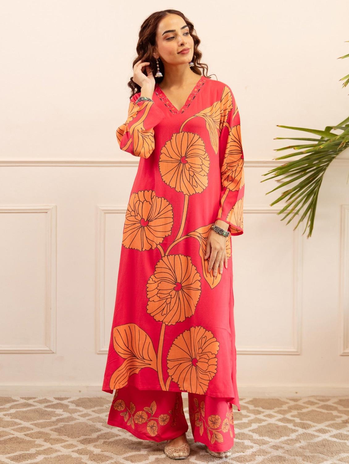 women floral printed long sleeve kurta palazzo set - 22021646 - Standard Image - 2