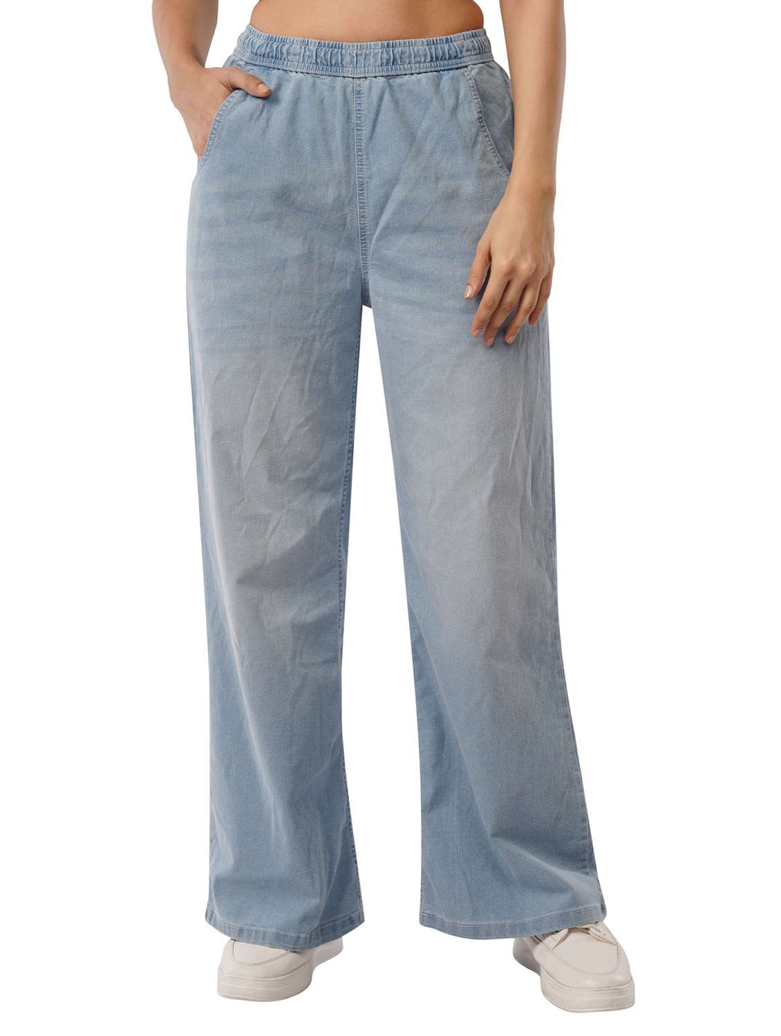 women solid high rise wide leg denim trouser
