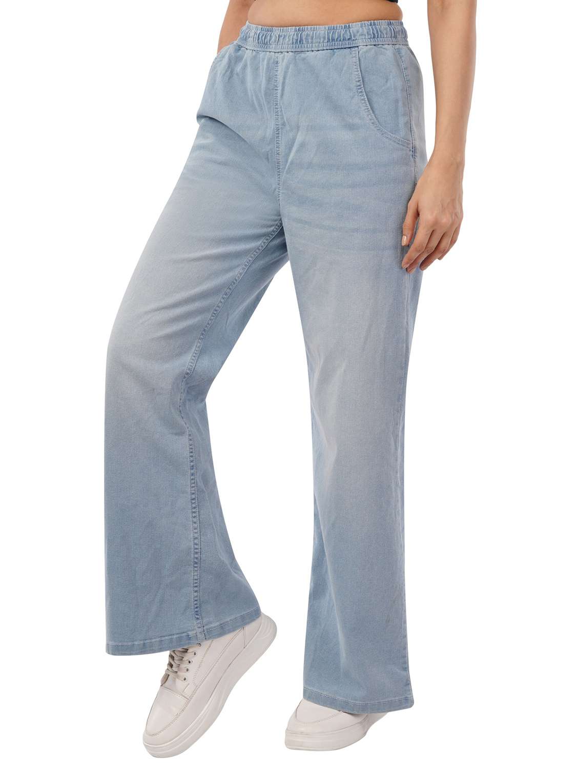women solid high rise wide leg denim trouser - 22021657 -  Standard Image - 2