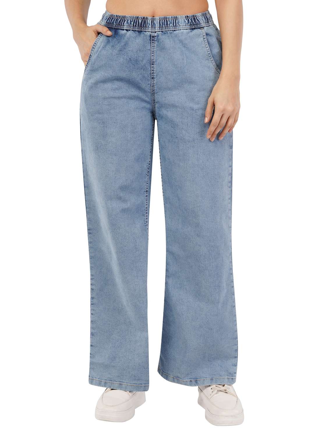 women solid straight denim trouser