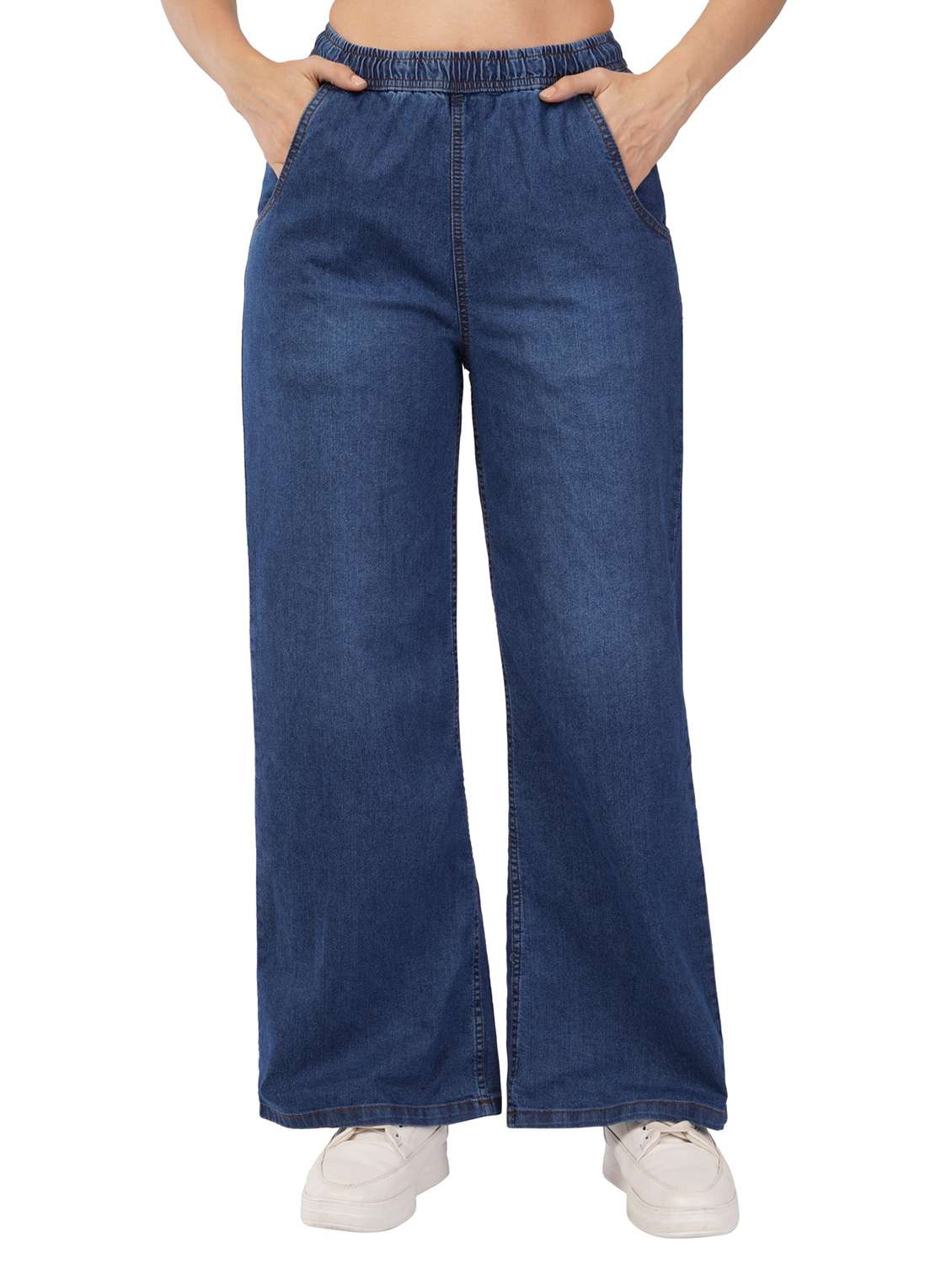 women solid wide leg denim trouser