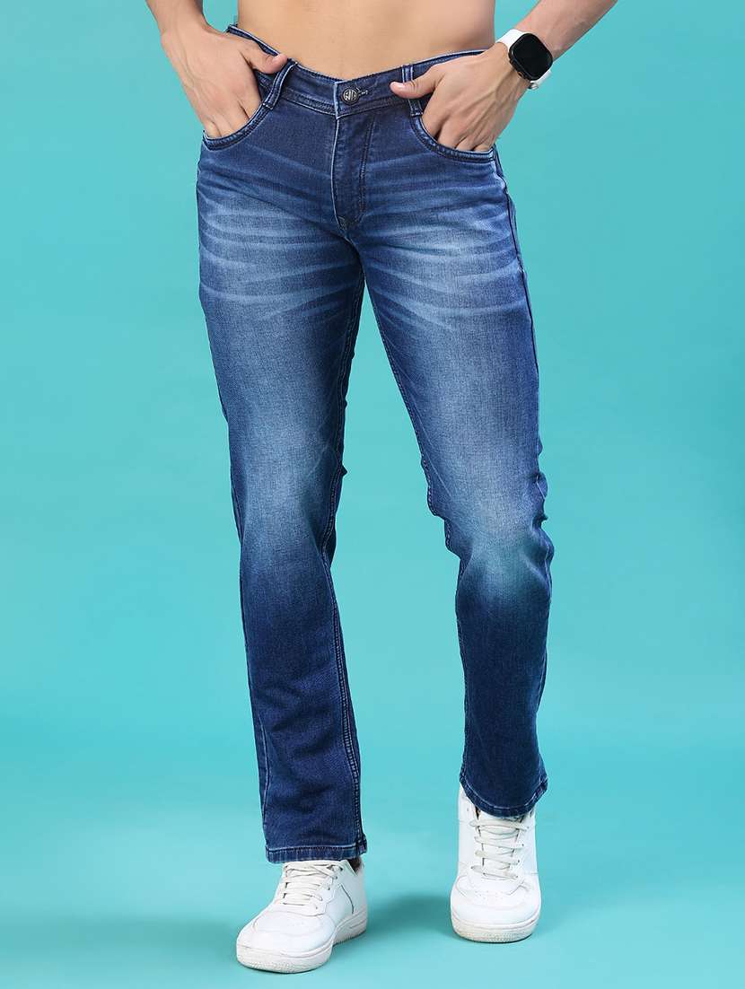 men washed mid rise full length jeans