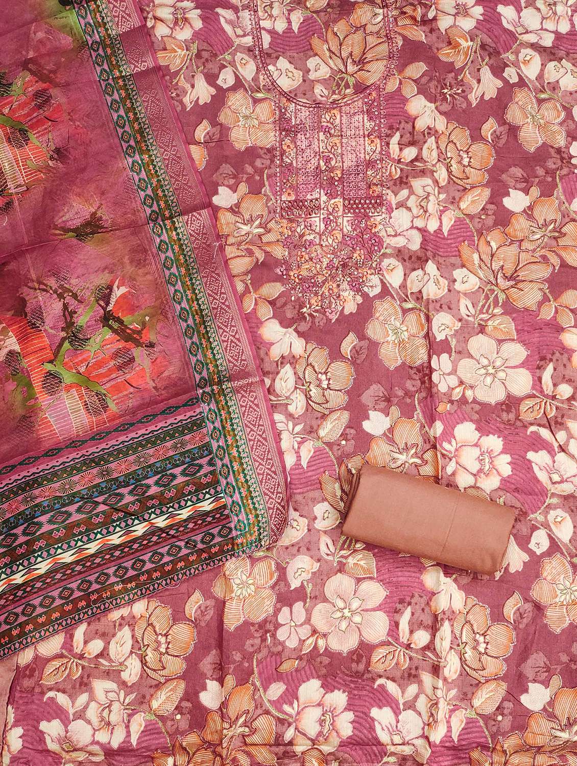 women floral printed embroidered unstitched suit set - 22022449 - Standard Image - 2