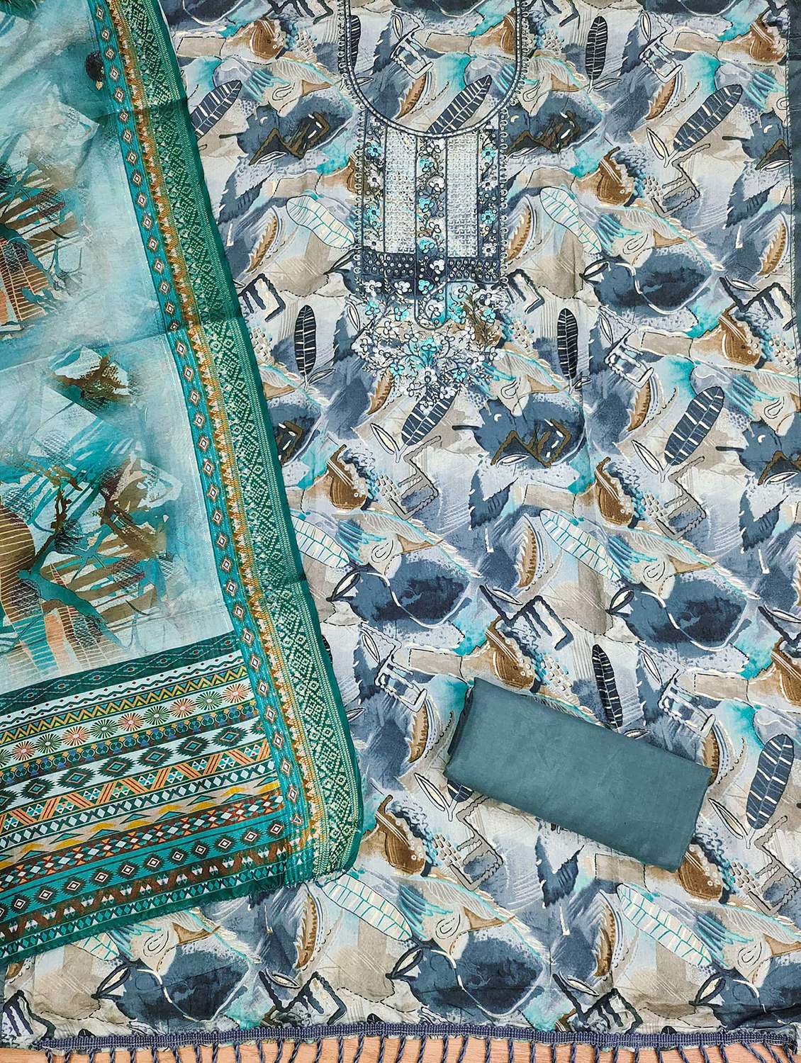 women floral printed embroidered unstitched suit set - 22022450 -  Standard Image - 2