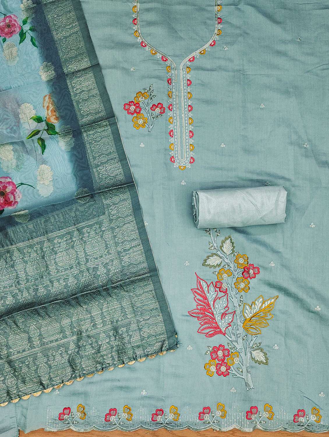 women solid with work embroidered unstitched suit set - 22022458 - Standard Image - 2