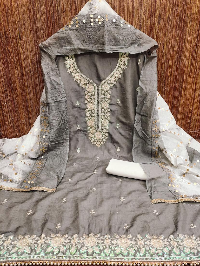 women solid with work embroidered unstitched suit set - 22022473 - Standard Image - 2