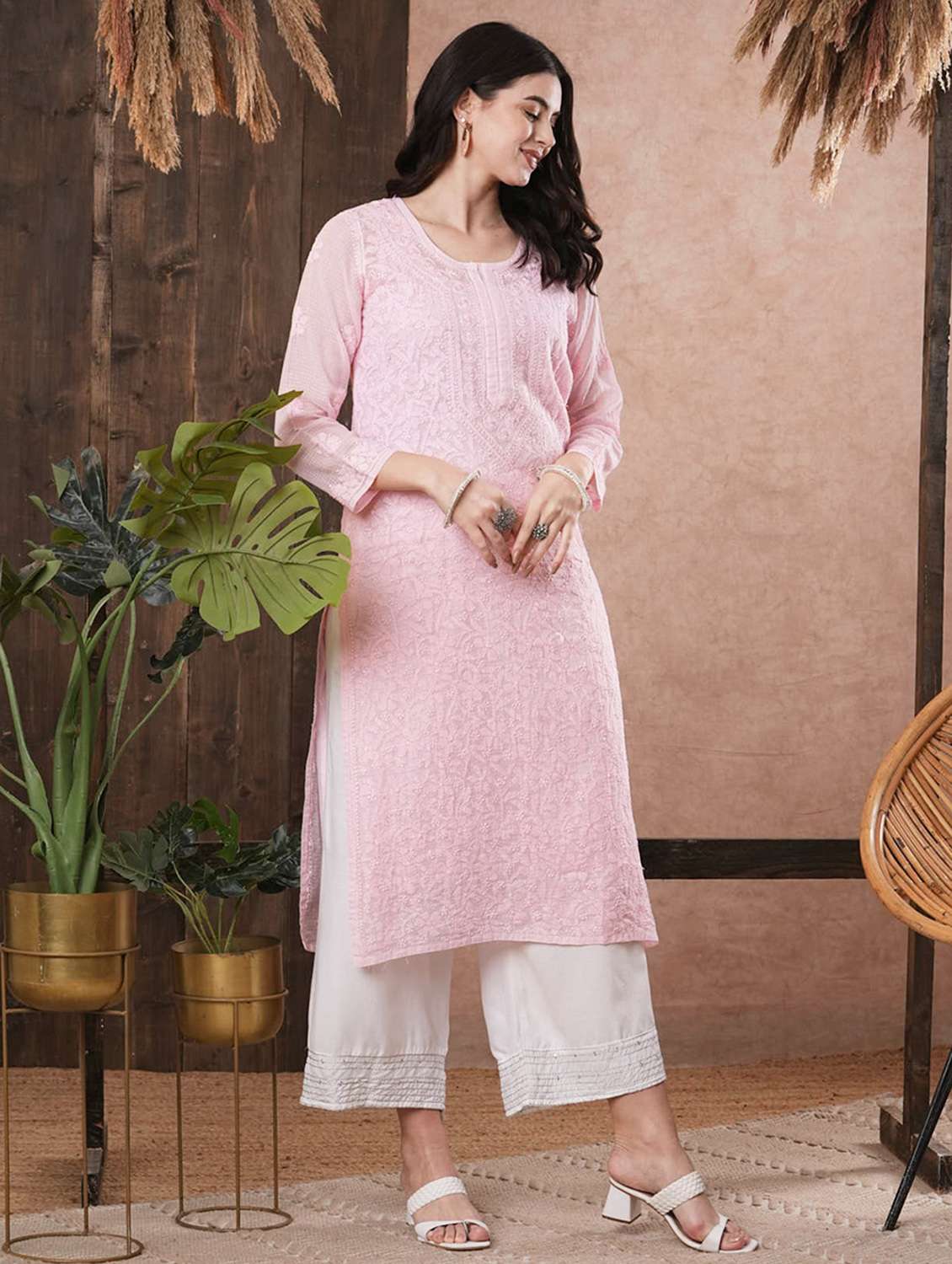 women chikankari three quarter sleeve straight kurta - 22022482 -  Standard Image - 2