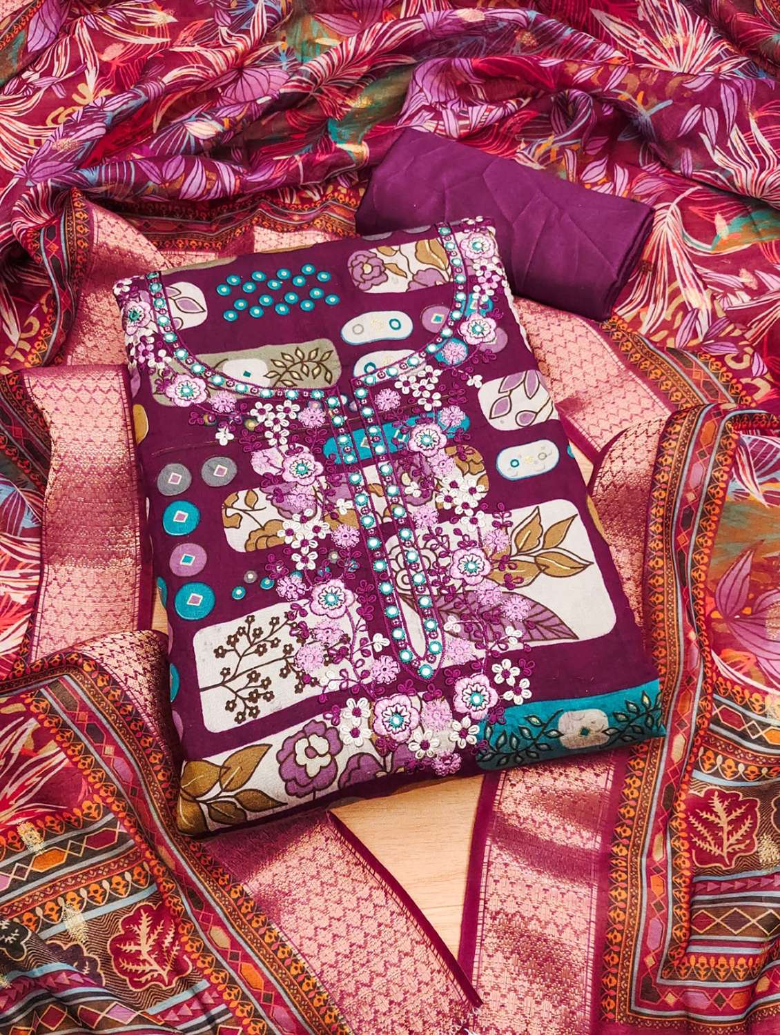 women printed embroidered unstitched suit set - 22022527 -  Standard Image - 2