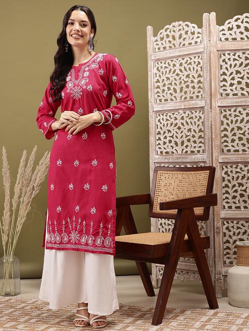 women chikankari three quarter sleeve straight kurta - 22022537 -  Standard Image - 0