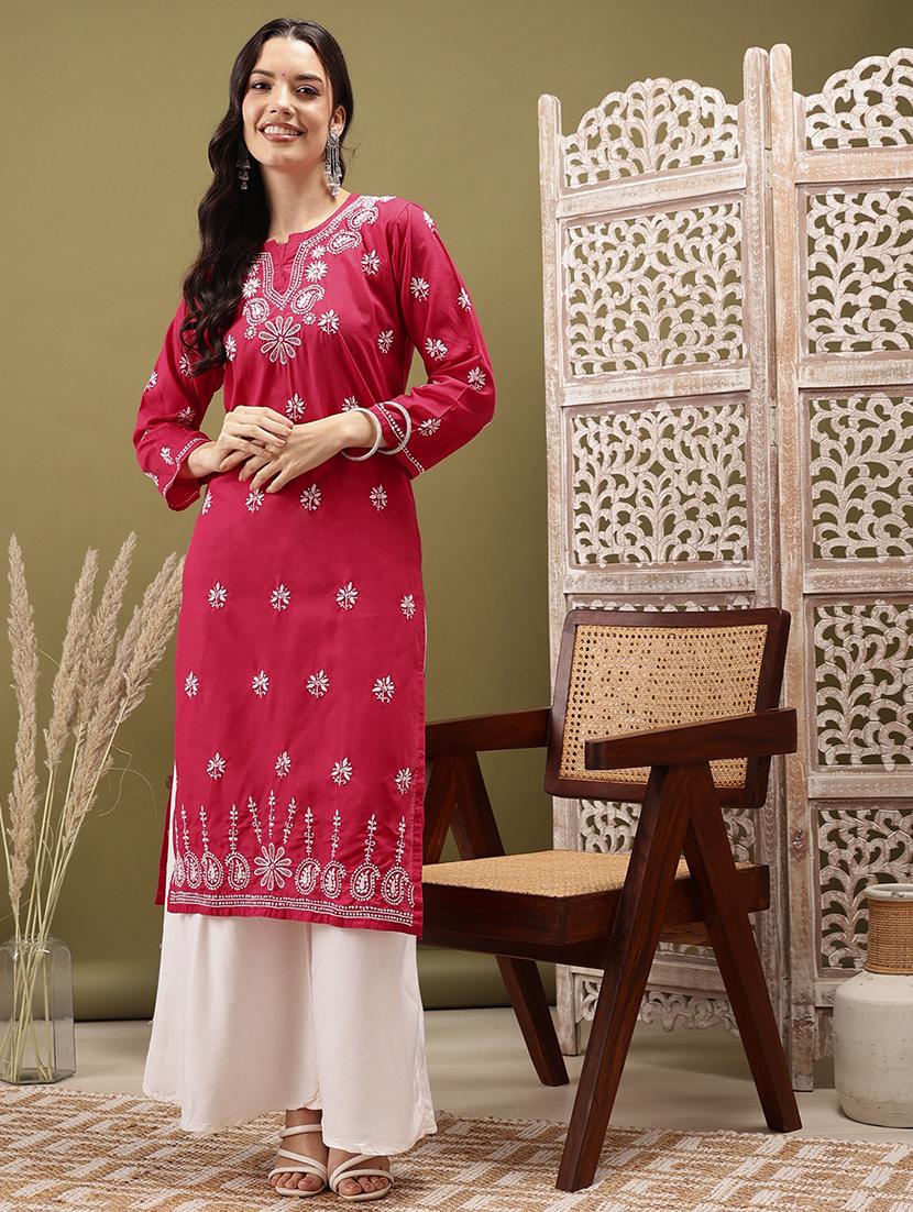 women chikankari three quarter sleeve straight kurta - 22022537 -  Zoom Image - 0