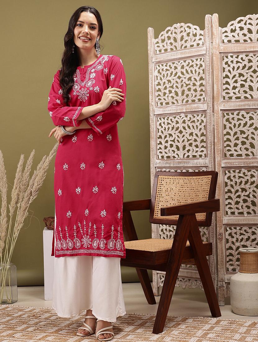 women chikankari three quarter sleeve straight kurta - 22022537 - Standard Image - 2