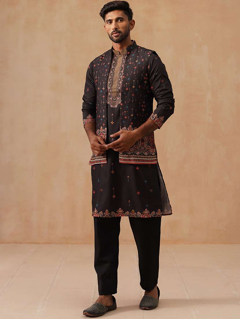 men black printde mandarin collar nehru jacket