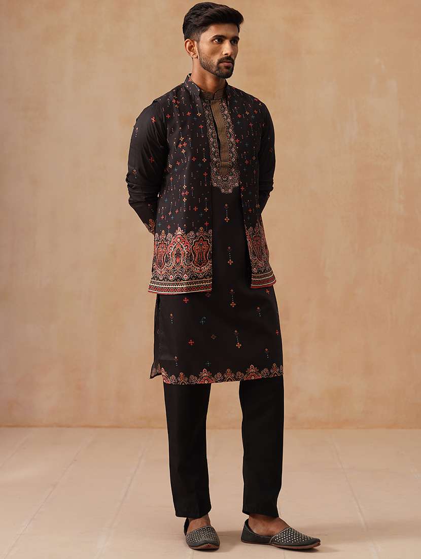 men black printde mandarin collar nehru jacket - 22022555 -  Standard Image - 2