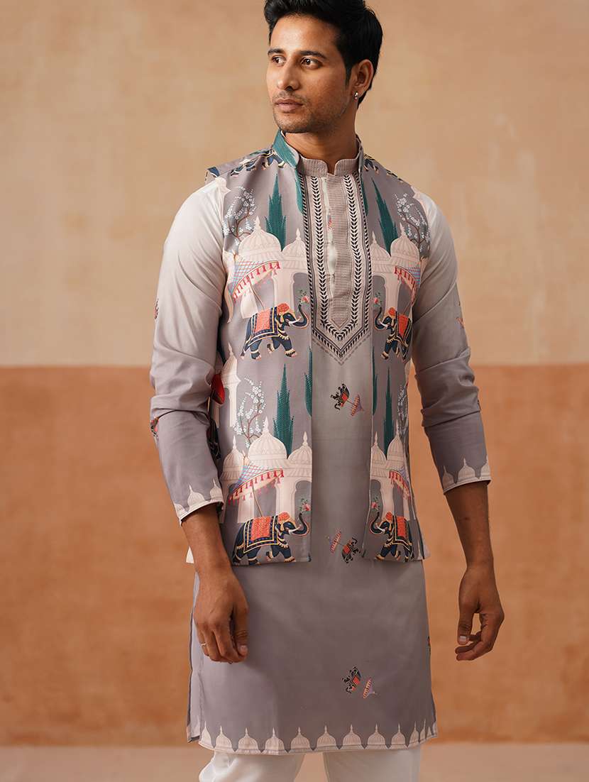 men printed mandarin collar nehru jacket - 22022557 -  Standard Image - 2