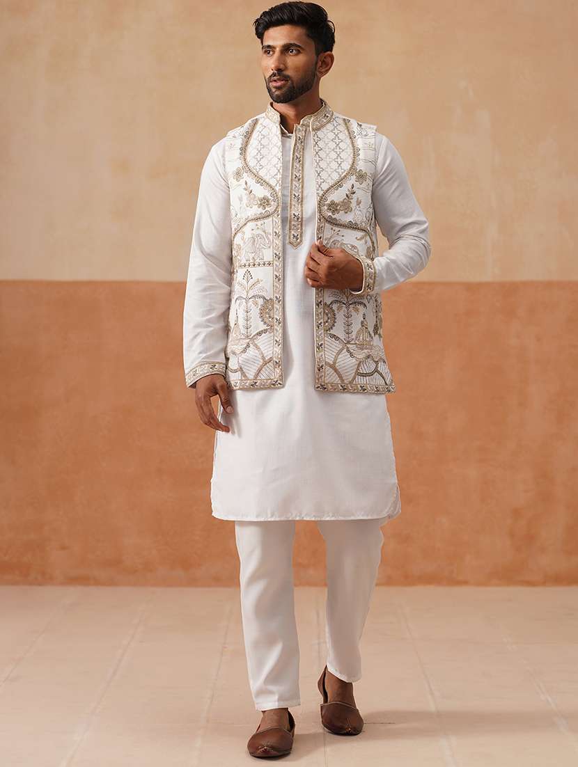 men embroidered mandarin collar nehru jacket