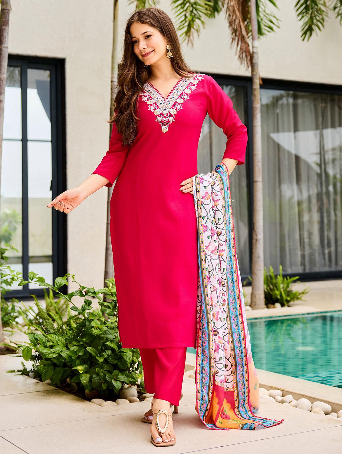 women embroidered three quarter sleeve kurta pant with dupatta set - 22022736 - Standard Image - 2