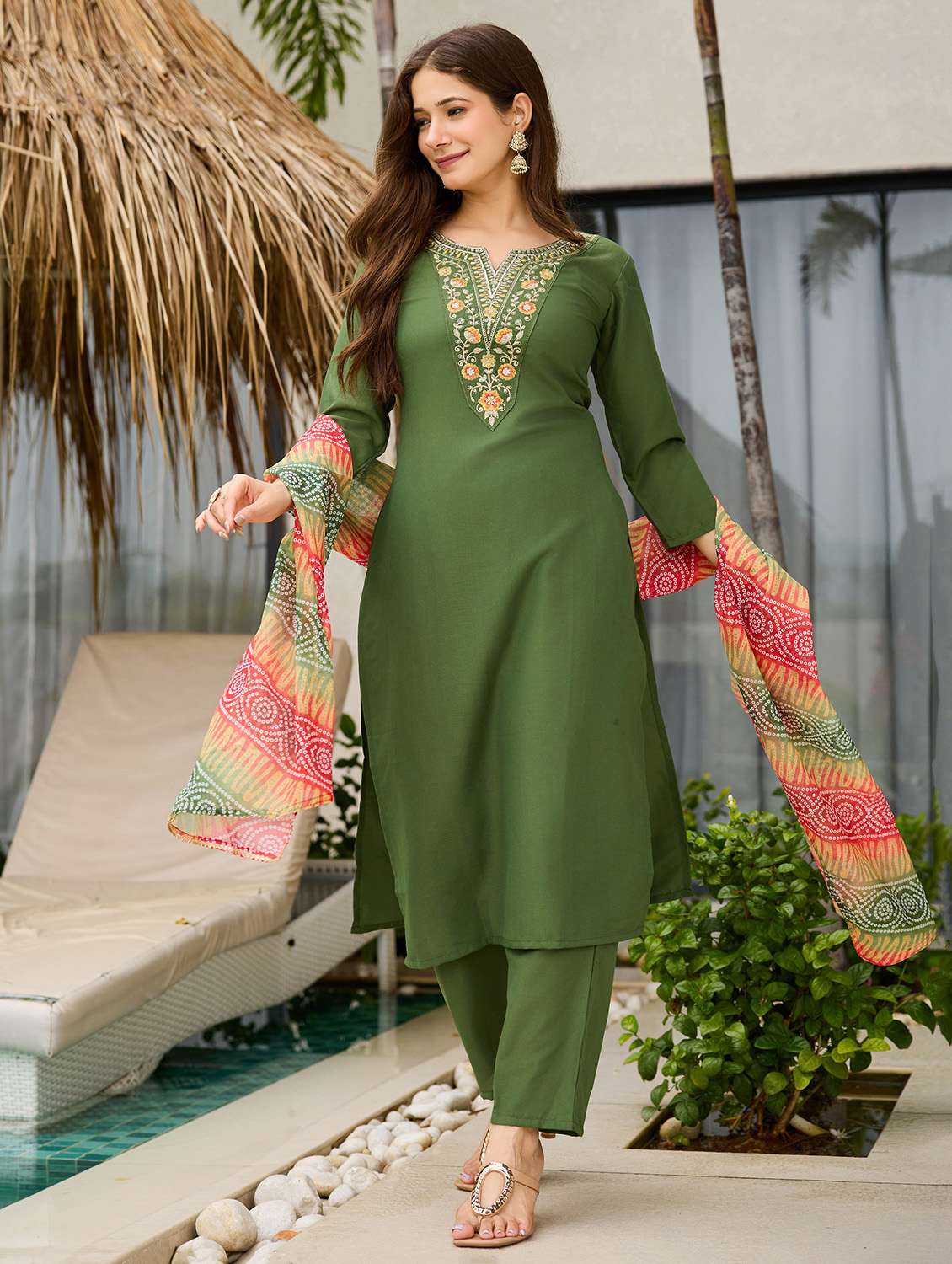 women embroidered three quarter sleeve kurta pant with dupatta set