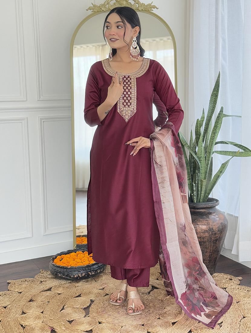 women embroidered three quarter sleeve kurta pant with dupatta set - 22022740 - Standard Image - 2