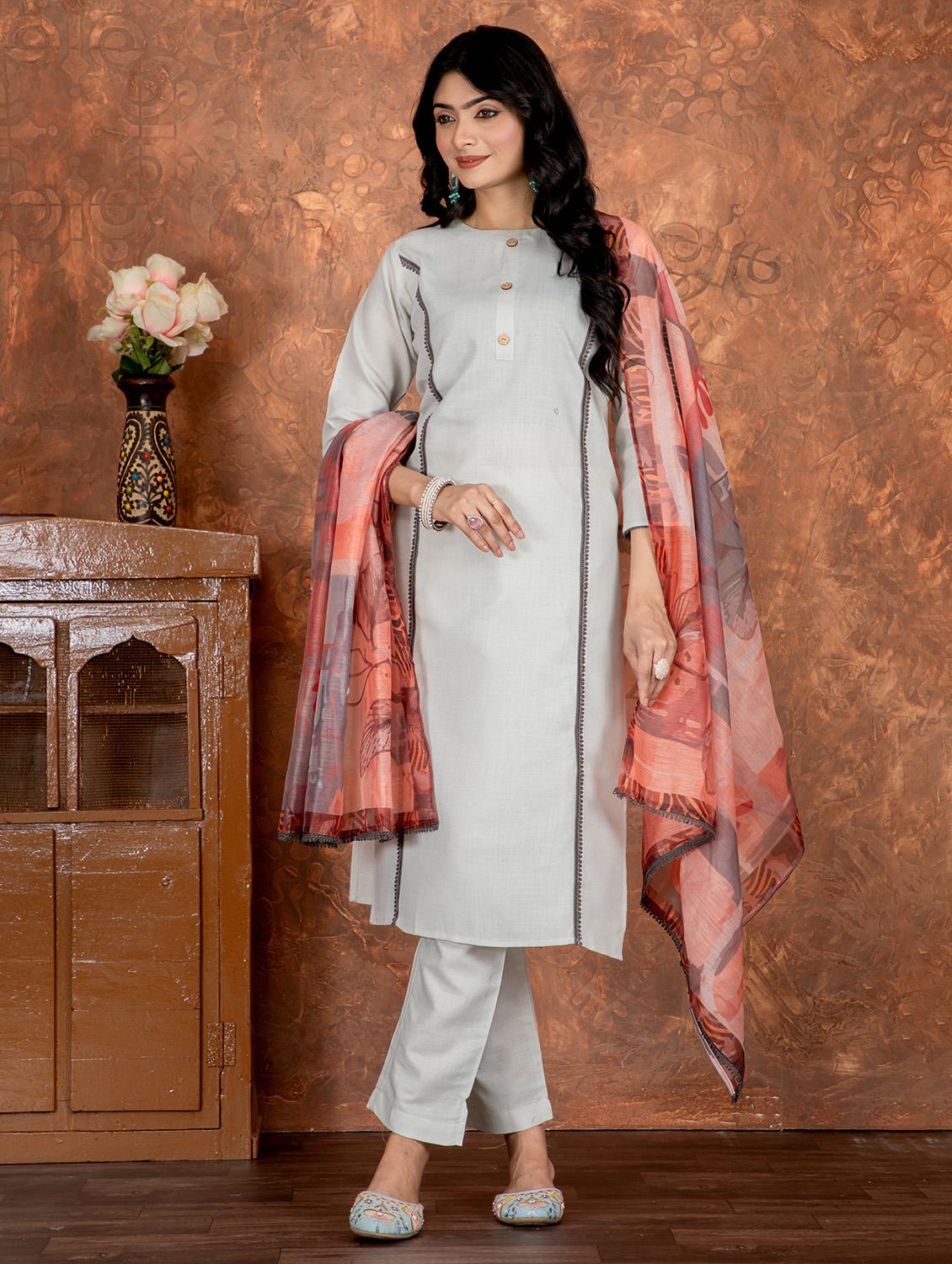 women solid three quarter sleeve kurta pant with dupatta set - 22022746 - Standard Image - 2
