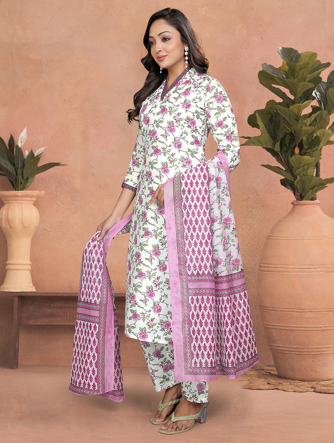 women floral three quarter sleeve kurta pant with dupatta set - 22022747 - Standard Image - 2