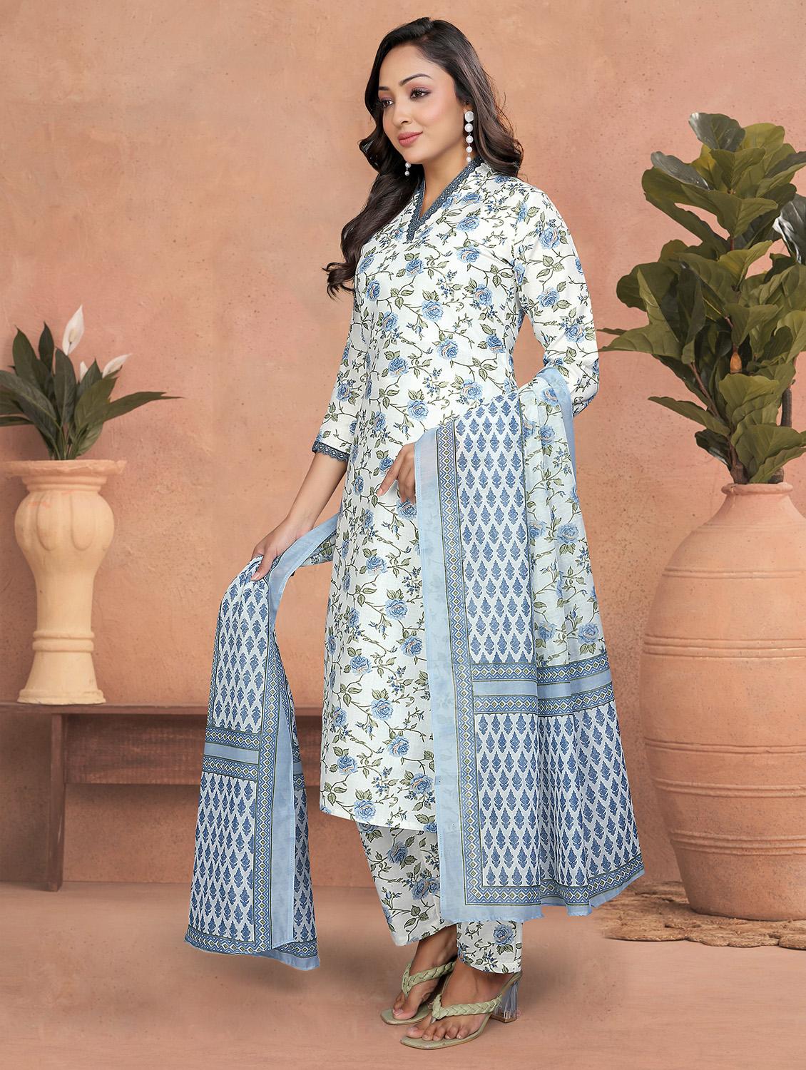 women floral three quarter sleeve kurta pant with dupatta set - 22022748 - Standard Image - 2