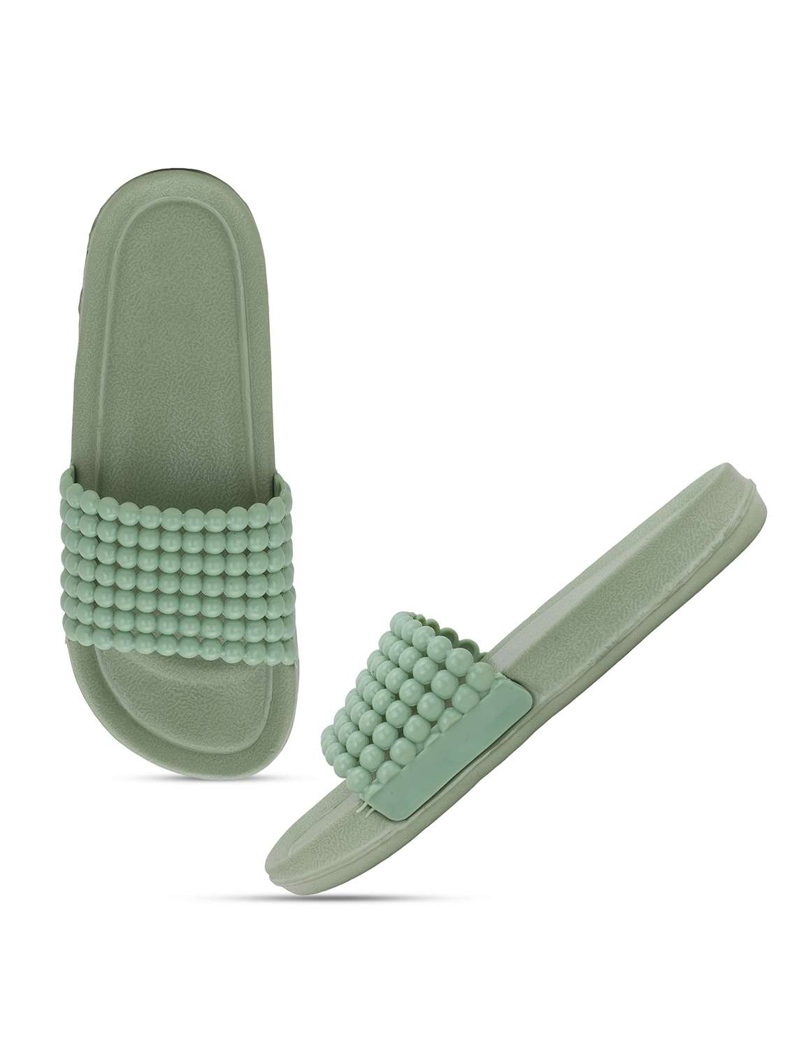 women solid green slip on slides  - 22023429 -  Standard Image - 2