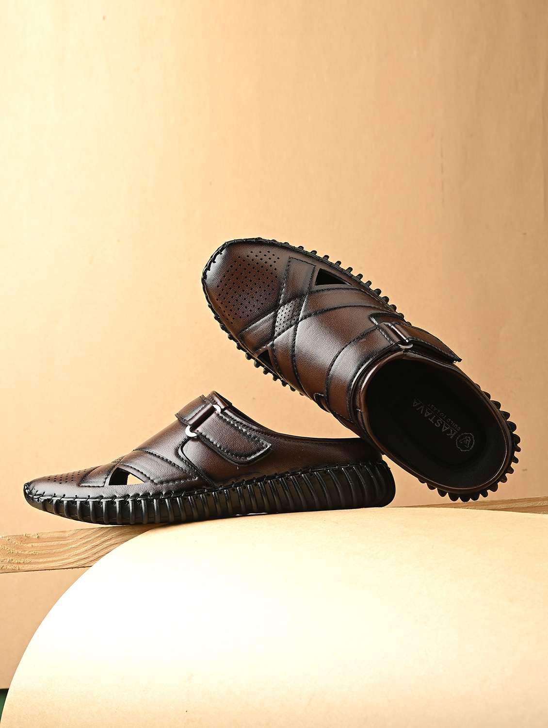 men solid brown slip on mule