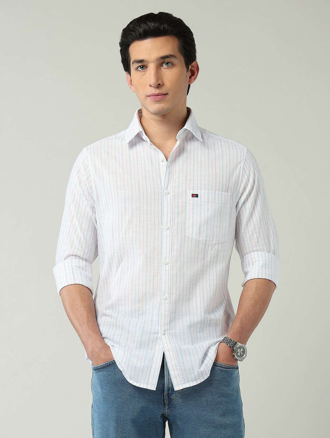 men striped long sleeve slim fit casual shirt
