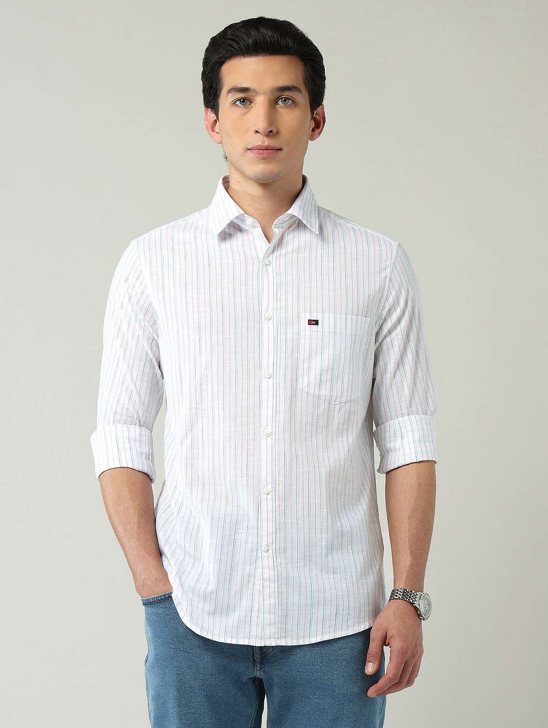 men striped long sleeve slim fit casual shirt - 22024844 -  Standard Image - 2