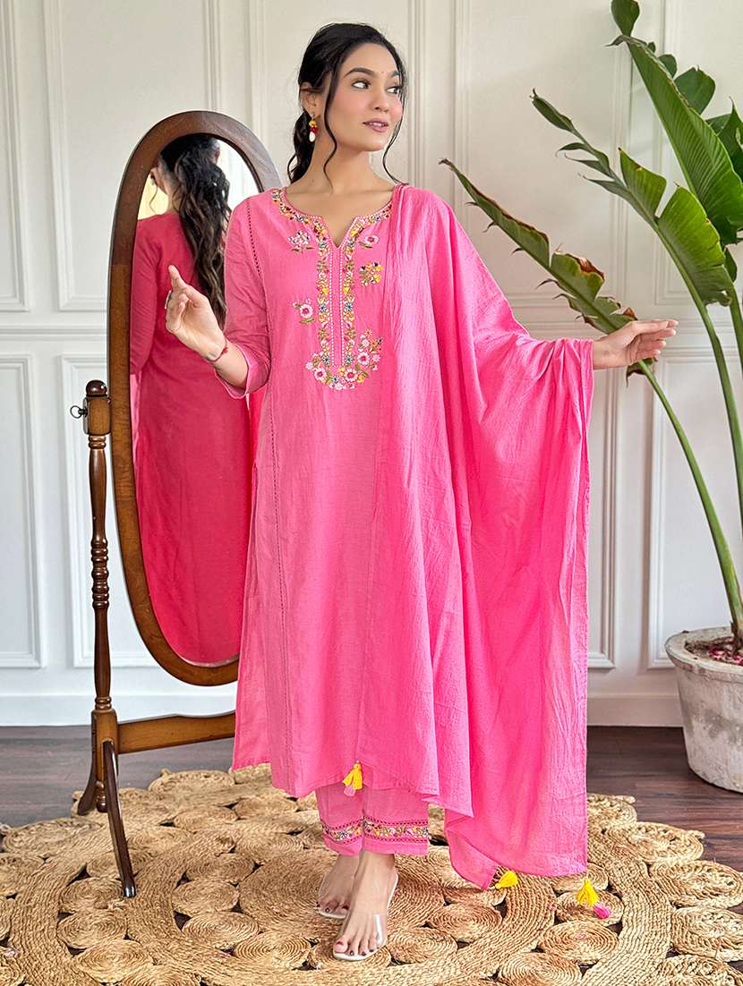 women embroidered three quarter sleeve kurta pant with dupatta set