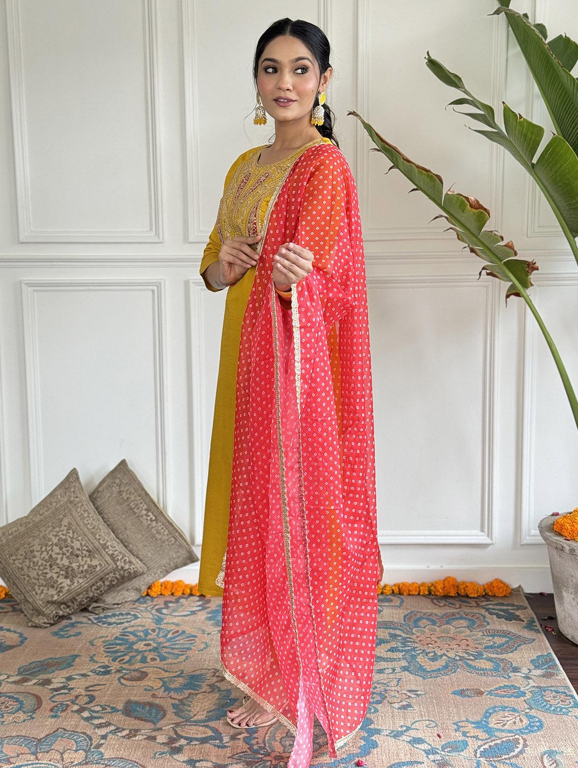 women embroidered three quarter sleeve kurta pant with dupatta set - 22024873 - Standard Image - 2