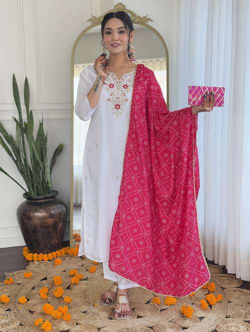 women embroidered three quarter sleeve kurta pant with dupatta set - 22024880 -  Standard Image - 0