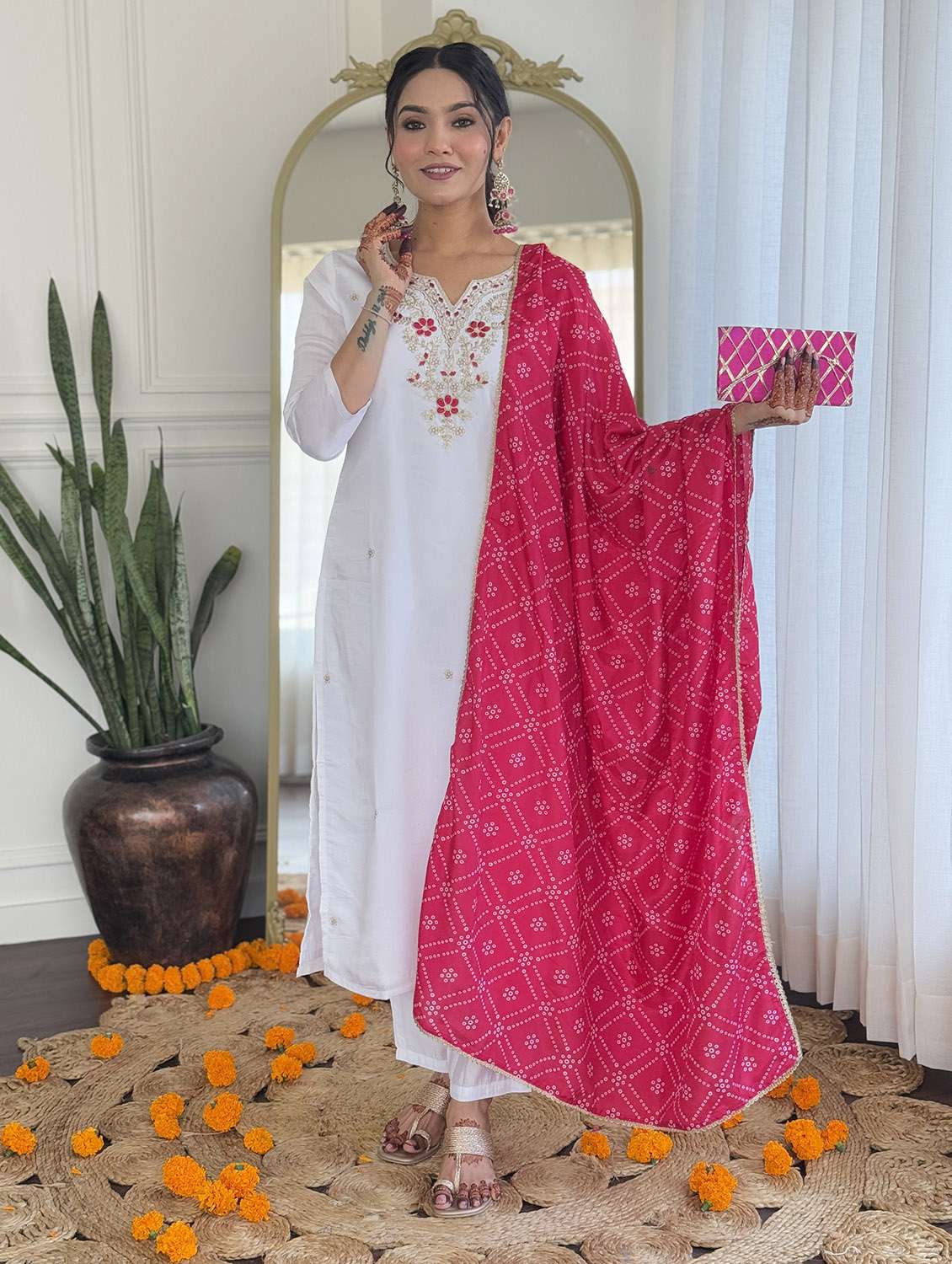 women embroidered three quarter sleeve kurta pant with dupatta set - 22024880 -  Zoom Image - 0