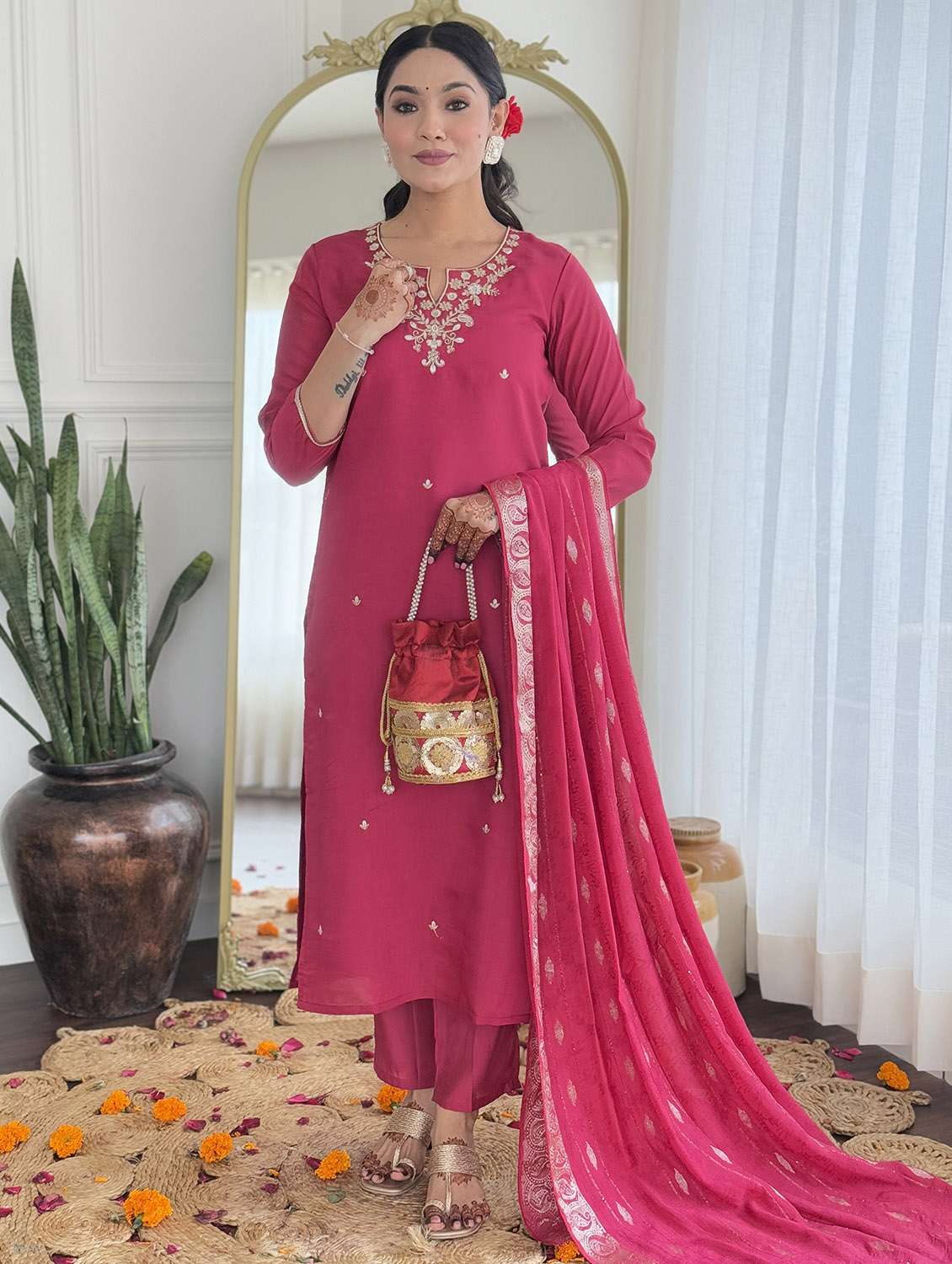 women embroidered three quarter sleeve kurta pant with dupatta set - 22024882 - Standard Image - 2