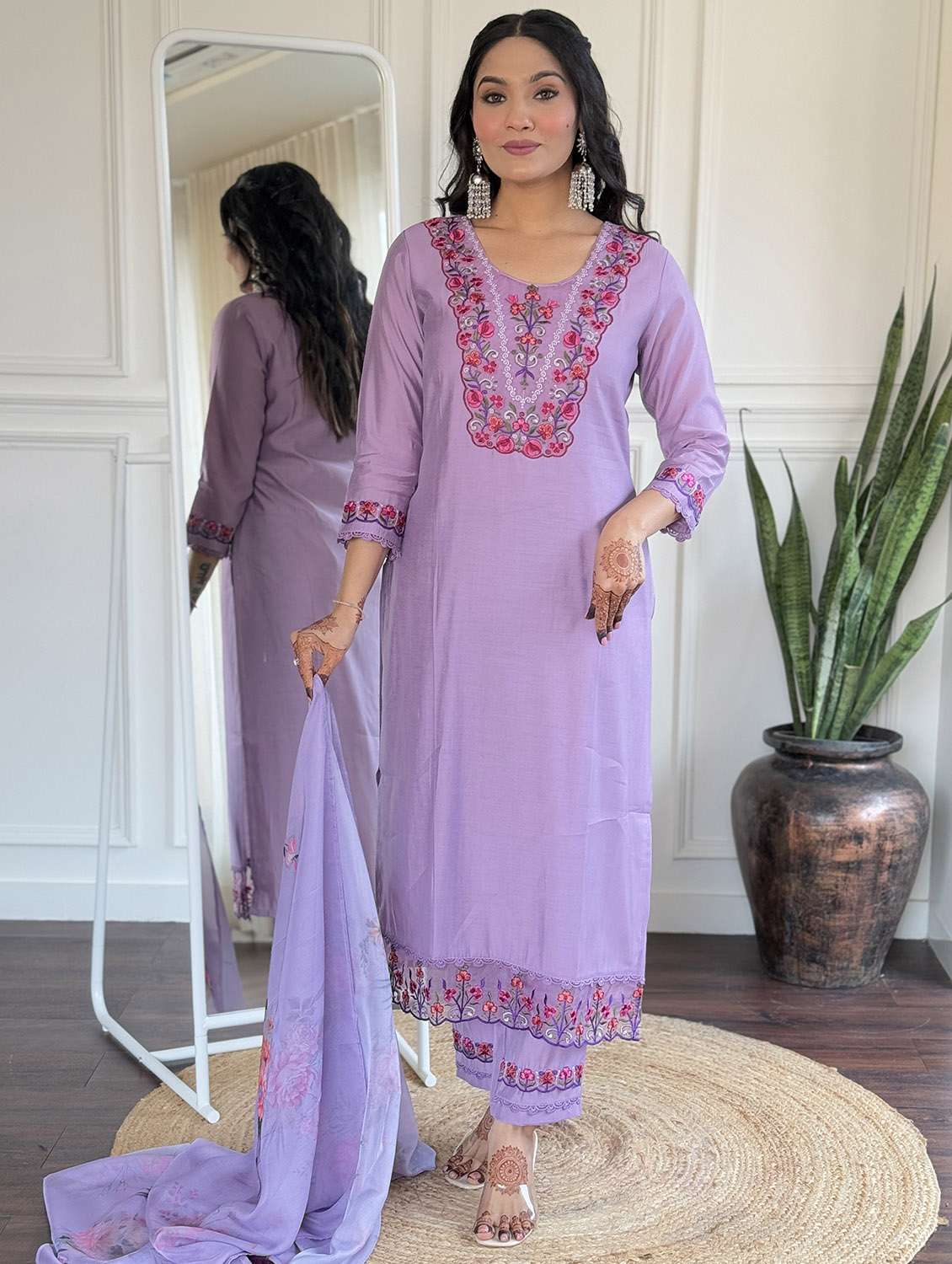women embroidered three quarter sleeve kurta pant with dupatta set - 22024883 - Standard Image - 2