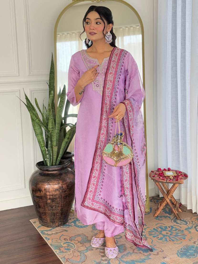 women embroidered three quarter sleeve kurta pant with dupatta set