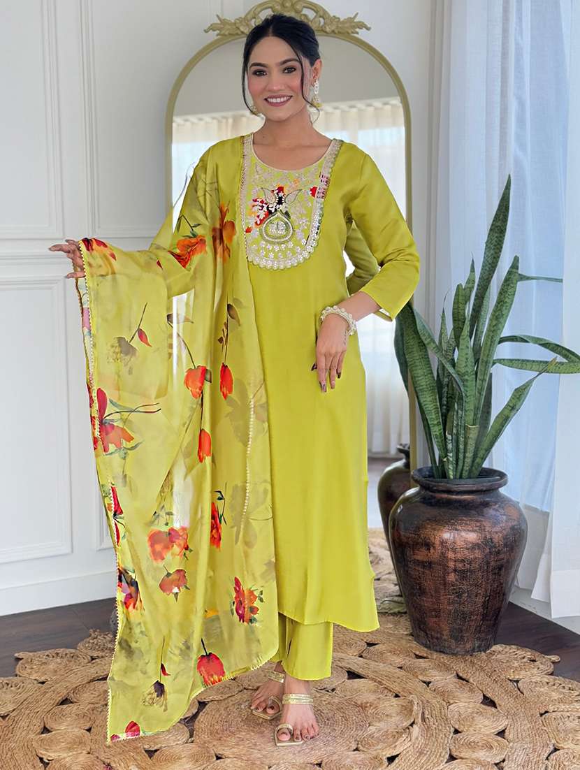 women embroidered three quarter sleeve kurta pant with dupatta set