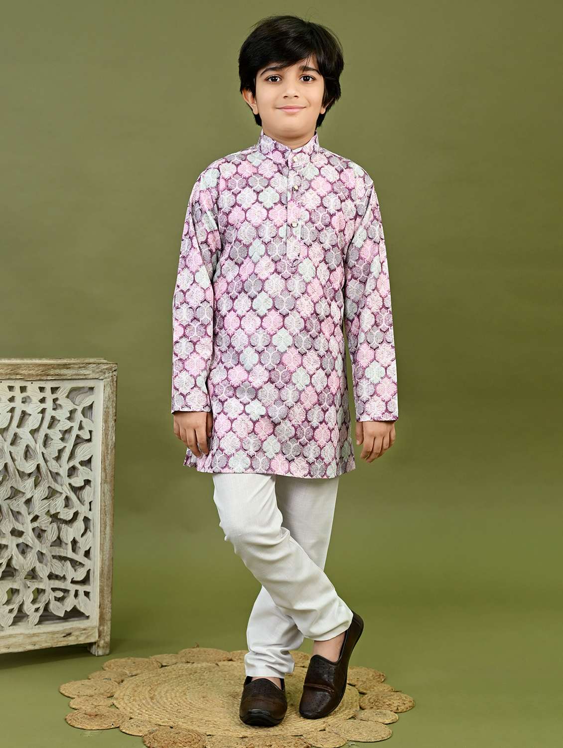 boys printed mandarin collar kurta pyjama set