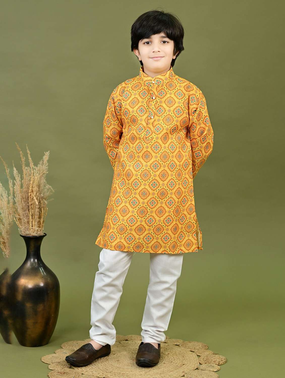 boys printed mandarin collar kurta pyjama set - 22025969 -  Standard Image - 2
