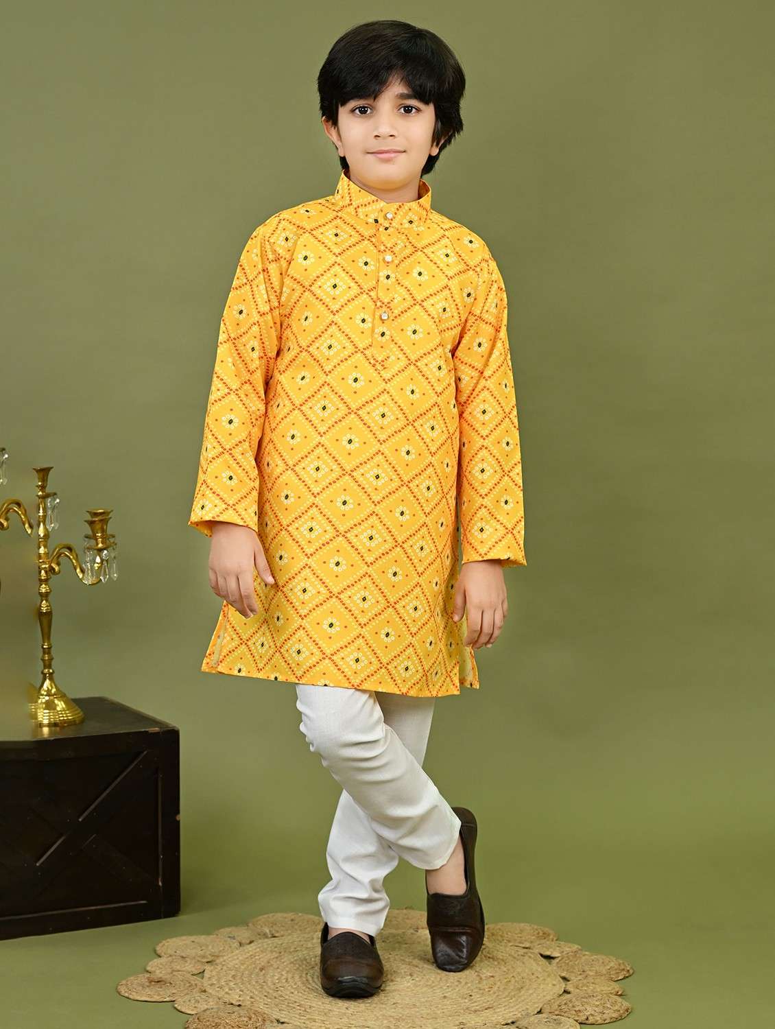 boys printed mandarin collar kurta pyjama set