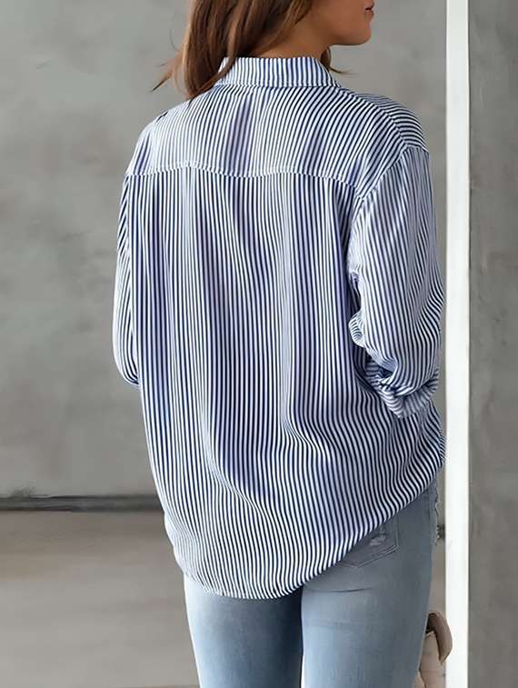 women striped collared long sleeve shirt - 22026134 -  Standard Image - 2