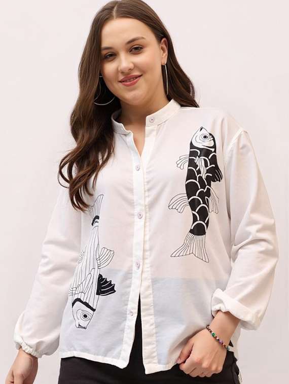 women printed mandarin collar long sleeve shirt