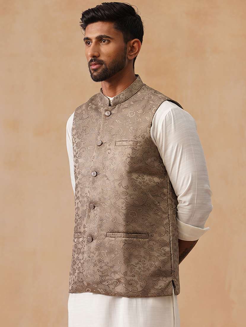 men self design mandarin neck regualr fit nehru jacket - 22026230 -  Standard Image - 2